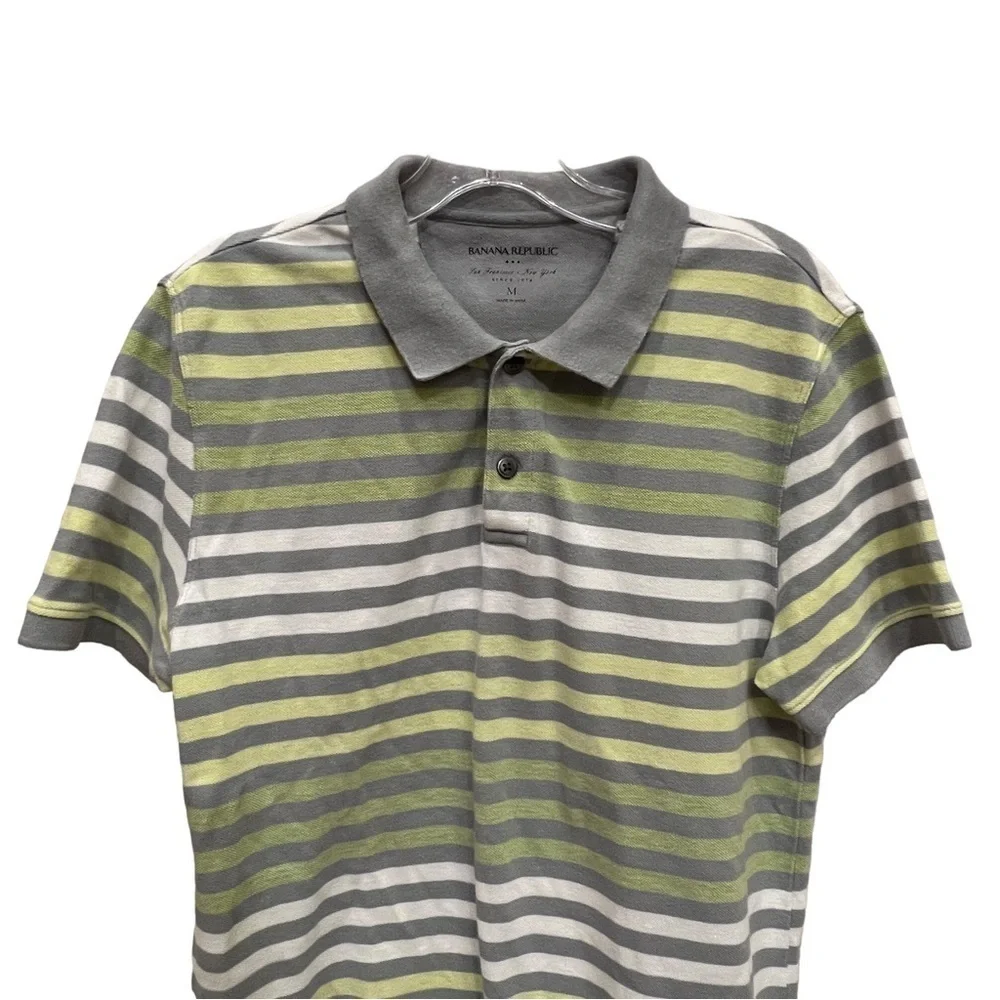 Banana Republic Mens Gray & Green Striped Polo Shirt, Size Medium